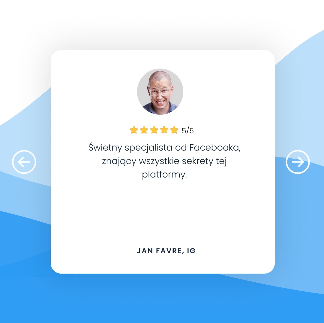 Opinia klienta: Pięć gwiazdek dla specjalisty od Facebooka, Jan Favre, IG, z uśmiechniętą twarzą w okrągłym awatarze.