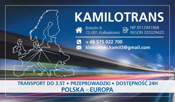 Wizytówka firmy transportowej Kamilotrans z adresem, numerem telefonu, NIP, REGON, adresem email, informacjami o transporcie do 3.5t, przeprowadzkach i dostępności 24h oraz mapą Europy z zaznaczoną...