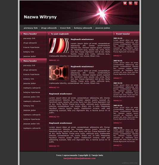 Projekt strony internetowej w odcieniach burgundu i szarości, z menu po lewej stronie i nagłówkami wiadomości po prawej.