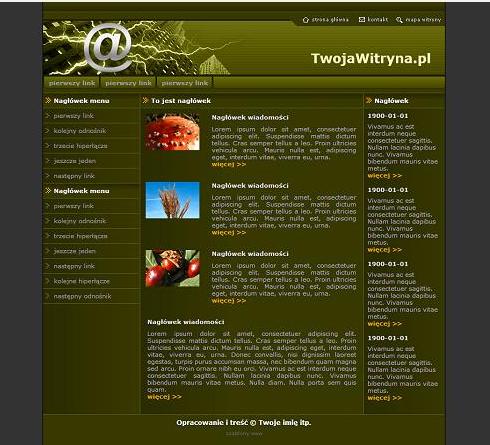 Zielona strona internetowa z menu po lewej stronie i sekcjami z nagłówkami wiadomości oraz datami po prawej. W górnej części widoczny adres strony 'TwojaWitryna.pl' oraz logo z symbolem @...