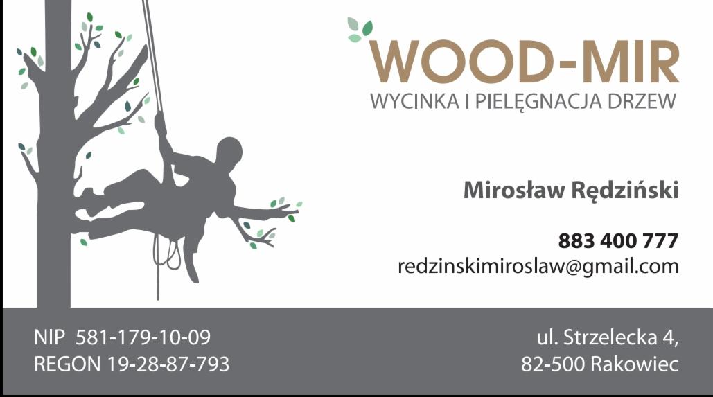 Wizytówka firmy WOOD-MIR z Rakowca, specjalizującej się w wycince i pielęgnacji drzew. Na wizytówce znajduje się grafika sylwetki arborysty wspinającego się po drzewie.