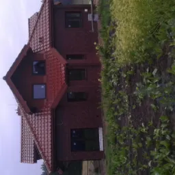 Nowoczesny dom jednorodzinny z ciemnoczerwoną elewacją i dachem z dach&oacute;wki bitumicznej, widok z poziomu gruntu na tle zieleni ogrodowej.