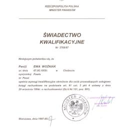 Certyfikat Ministerstwa  Finansów na usługowe prowadzenie ksiąg.