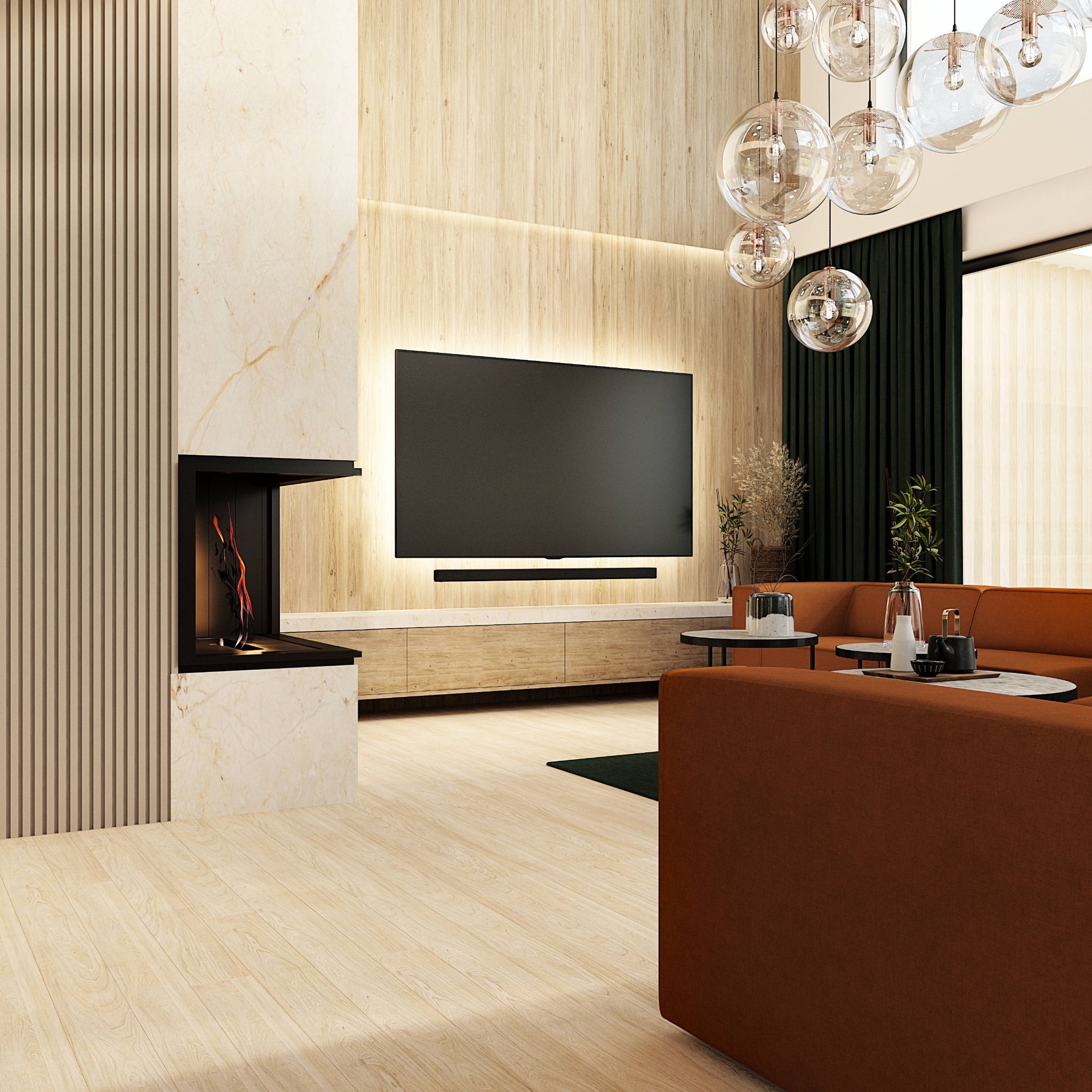 Nowoczesny salon z kominkiem obudowanym marmurem, drewnianą ścianą z podświetleniem LED, telewizorem, pomarańczową sofą narożną i szklanymi lampami wiszącymi.