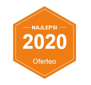 Pomarańczowa odznaka Oferteo 'Najlepsi 2020' na białym tle.