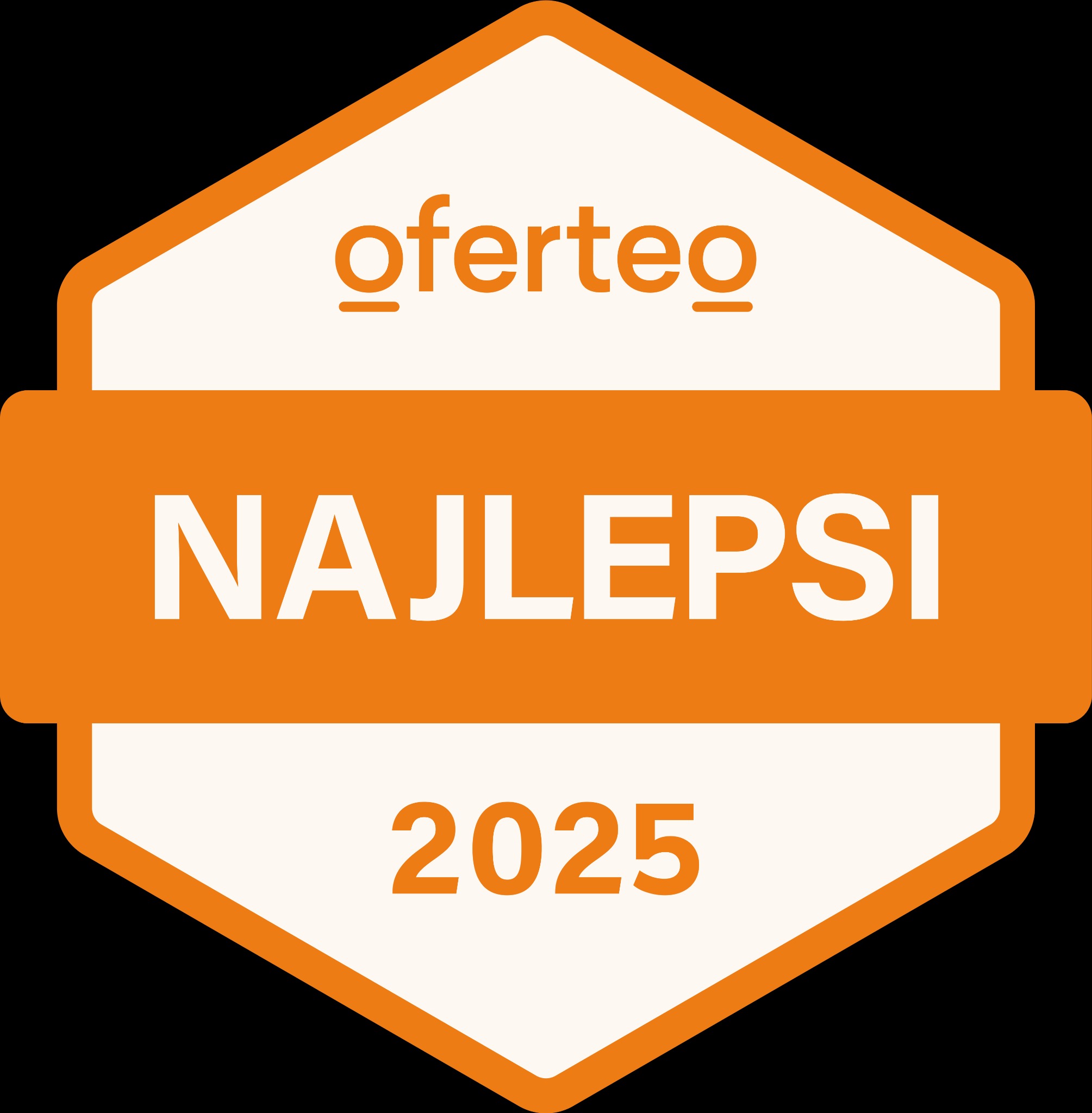 Pomarańczowa odznaka Oferteo 'Najlepsi 2025' na czarnym tle. Grafika z logo i rokiem.