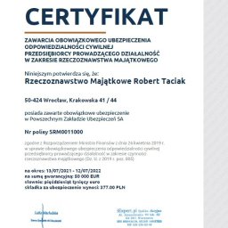 Certyfikat zawarcia obowiązkowego ubezpieczenia odpowiedzialności cywilnej Rzeczoznawcy Majątkowego
