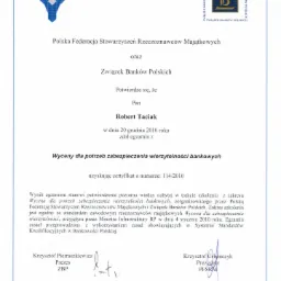 Certyfikat wpisu na listę bankową. Uprawnienia do wyceny nieruchomości dla banków do kredytów i pożyczek hipotecznych.