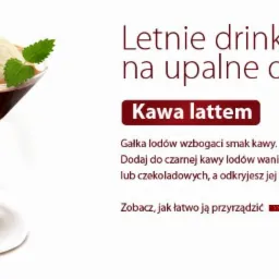 Kawa latte w szklance koktajlowej, zwieńczona gałką lodów waniliowych i listkami mięty, obok dwa kostki lodu, logo MK Cafe.