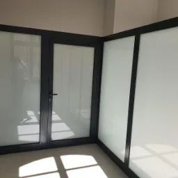 Nowoczesne, przeszklone drzwi wewnętrzne z czarnymi ramami, z matowym szkłem zapewniającym prywatność, w jasnym pomieszczeniu z widocznymi promieniami słonecznymi.