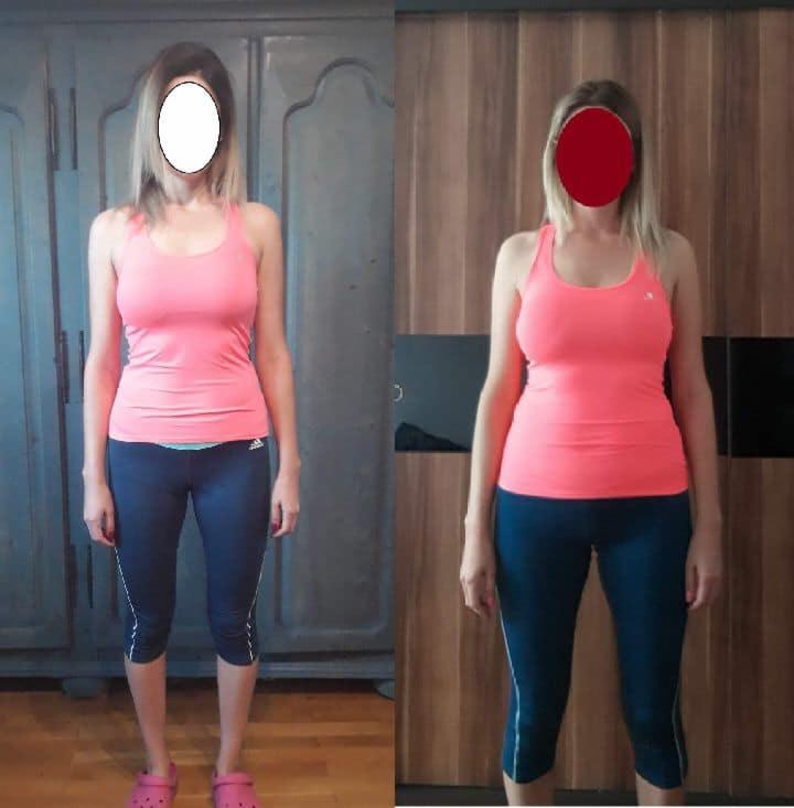 Kobieta w sportowym stroju, prezentująca sylwetkę przed i po, na tle mebli w różnych odcieniach brązu.