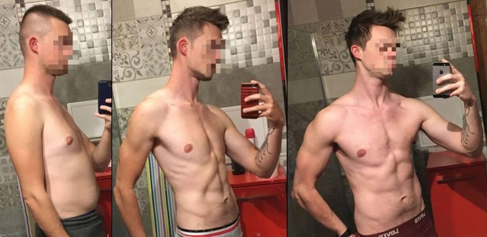 Mężczyzna prezentujący metamorfozę sylwetki, seria zdjęć porównujących wygląd przed i po, z widoczną poprawą muskulatury brzucha i ramion, wykonanych w łazience.