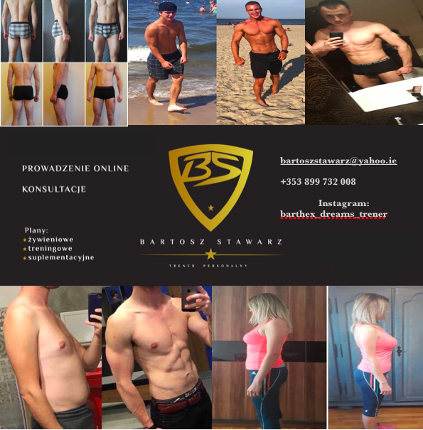 Kolaż zdjęć sylwetek przed i po, mężczyźni i kobiety, plus logo, dane kontaktowe i zakres usług trenera personalnego Bartosza Stawarza.