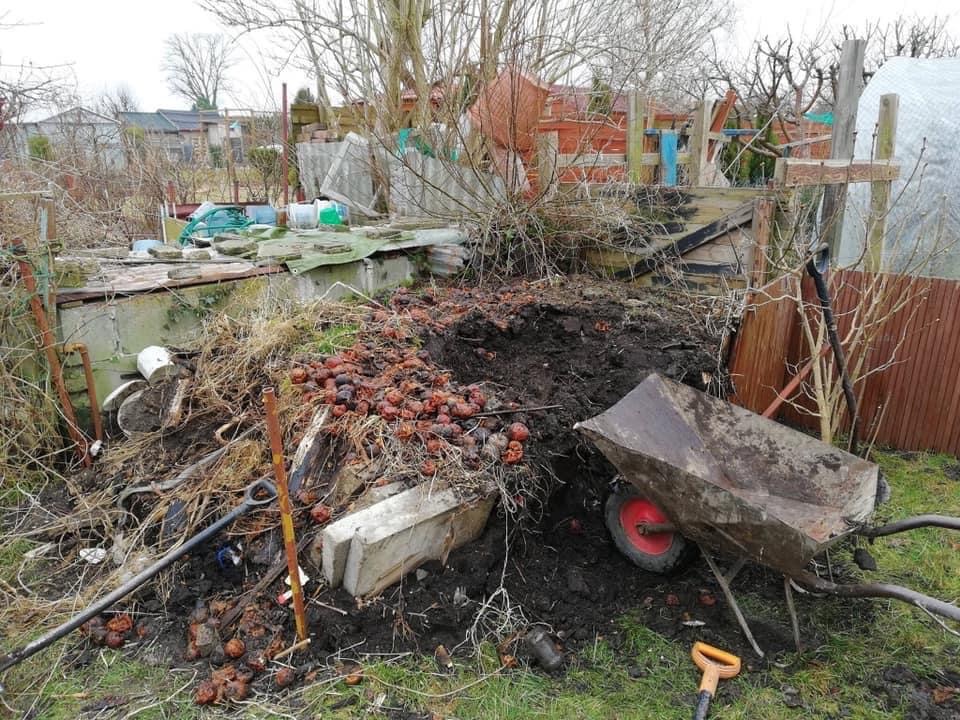 Zaniedbany ogród z stertą ziemi, gnijących jabłek, suchych gałęzi i zardzewiałą taczką, widoczne narzędzia ogrodnicze i fragmenty konstrukcji drewnianych.