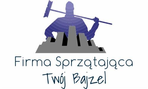 Logo firmy sprzątającej: sylwetka osoby z mopem na tle zarysów budynków, napis 'Firma Sprzątająca Twój Bajzel' w kolorze niebieskim.