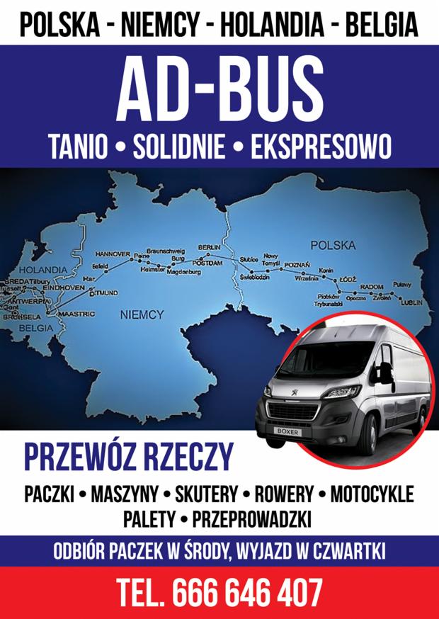 Mapa Europy z zaznaczonymi trasami do Polski, Niemiec, Holandii i Belgii, z sylwetką srebrnego busa Peugeot Boxer, informacją o przewozie rzeczy, paczek, maszyn, skuterów, rowerów, motocykli, palet...