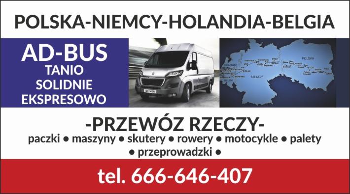 Reklama firmy transportowej AD-BUS oferującej przewóz rzeczy do Polski, Niemiec, Holandii i Belgii, z widocznym busem Peugeot Boxer i mapą Europy z zaznaczonymi trasami.