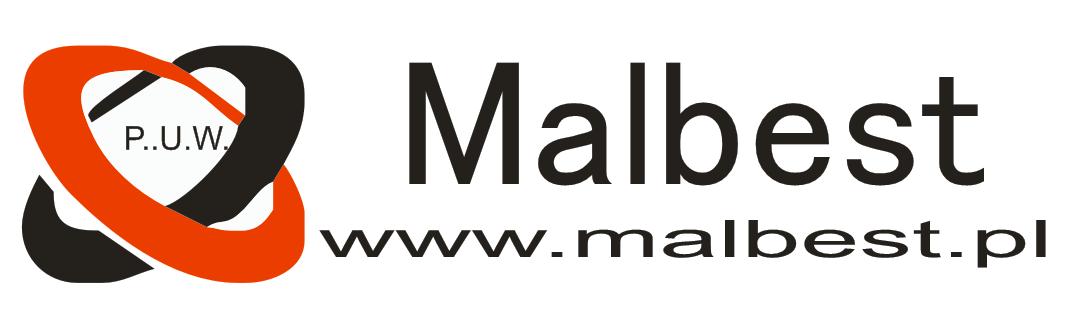 Logo firmy remontowo budowlanej Malbest z pomarańczowo-czarnym symbolem i adresem strony internetowej www.malbest.pl
