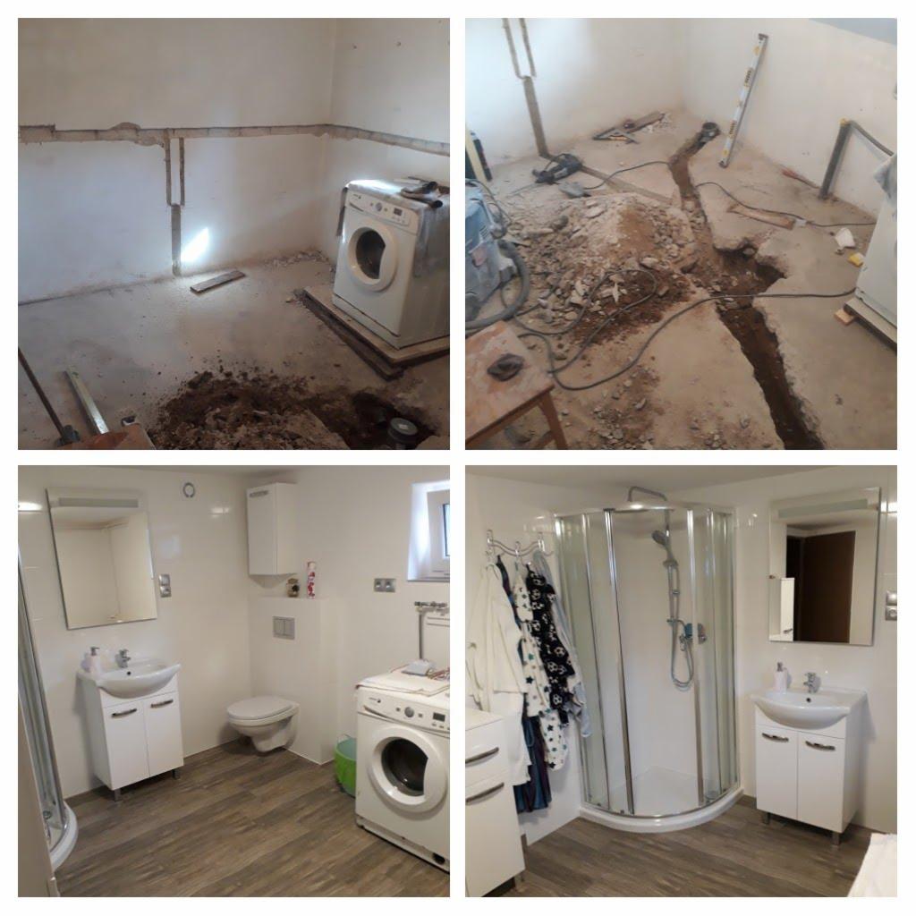 Kolaż zdjęć przedstawiający etapy remontu łazienki: od stanu surowego z wykopanymi rowami pod instalacje, przez prace instalacyjne, po wykończoną łazienkę z kabiną prysznicową, umywalką z szafką...