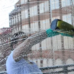 Osoba myje okno na wysokości, używając ściągaczki z zieloną gąbką; widoczny budynek w tle przez zapienione szkło.