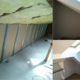 Poddasze w trakcie ocieplania: widoczna wełna mineralna, stelaż metalowy i płyty karton-gips, fragment wykończonego pomieszczenia z oknem dachowym i grzejnikiem