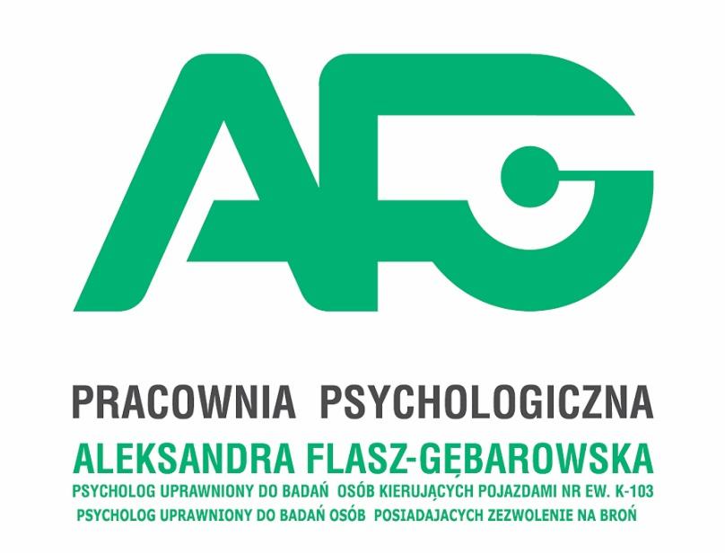Zielone logo Pracowni Psychologicznej Aleksandry Flasz-Gębarowskiej z napisem informującym o uprawnieniach do badań osób kierujących pojazdami i posiadających zezwolenie na broń.