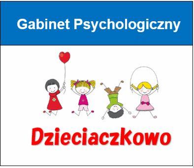 Ilustracja przedstawiająca gabinet z napisem 'Gabinet Psychologiczny' i nazwą 'Dzieciaczkowo', poniżej rysunki dzieci: dziewczynka z balonem w kształcie serca, dziewczynka ze skakanką i chłopiec...