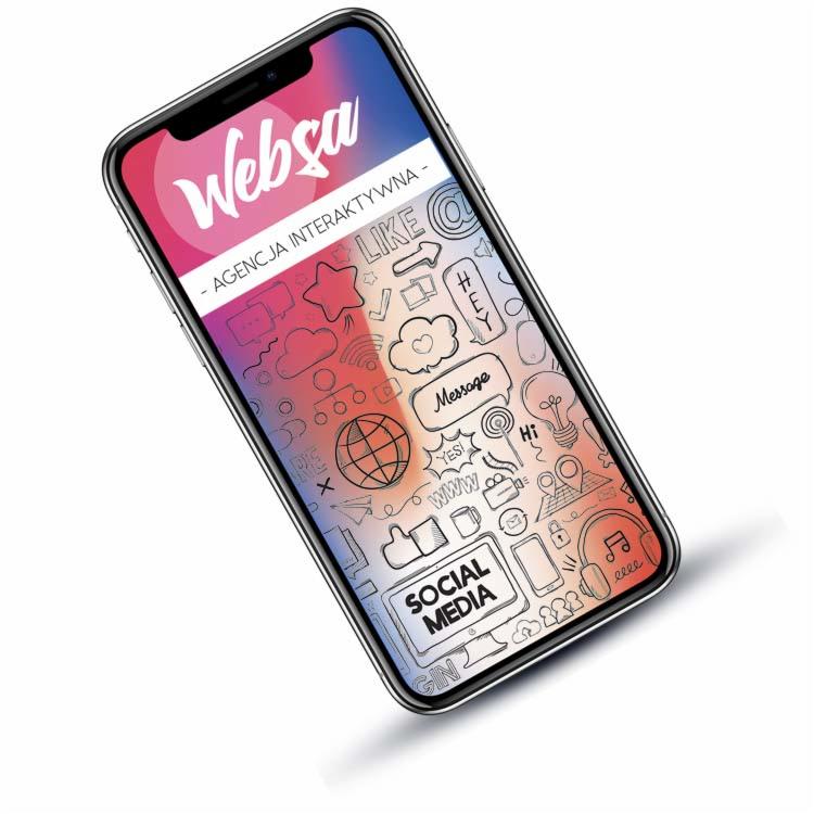 Smartfon wyświetlający interfejs z ikonami social media i napisem 'Websa - Agencja Interaktywna', prezentujący koncepcję agencji interaktywnej.