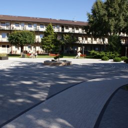 Stan- Project - Dziedziniec z kostki brukowej ułożonej w koncentryczne okręgi, z małą fontanną pośrodku, otoczony zielenią i budynkiem z balkonami.