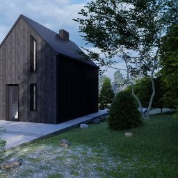 Triangle Studio - Czarny, nowoczesny dom z drewna z rowerem opartym o ścianę, otoczony zielenią. Minimalistyczna architektura z wąskimi oknami i prostą bryłą na tle błękitnego nieba.