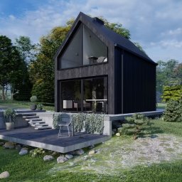 Triangle Studio - Wizualizacja nowoczesnego, dwukondygnacyjnego domu z czarną elewacją i dużym przeszkleniem, otoczonego zielenią i tarasem z roślinami. Minimalistyczny design i naturalne otoczenie.