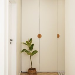 Triangle Studio - Minimalistyczny przedpokój z parkietem w jodełkę, białą zabudową szaf z okrągłymi drewnianymi uchwytami i rośliną w wiklinowym koszu. Widoczny fragment wzorzystej podłogi.