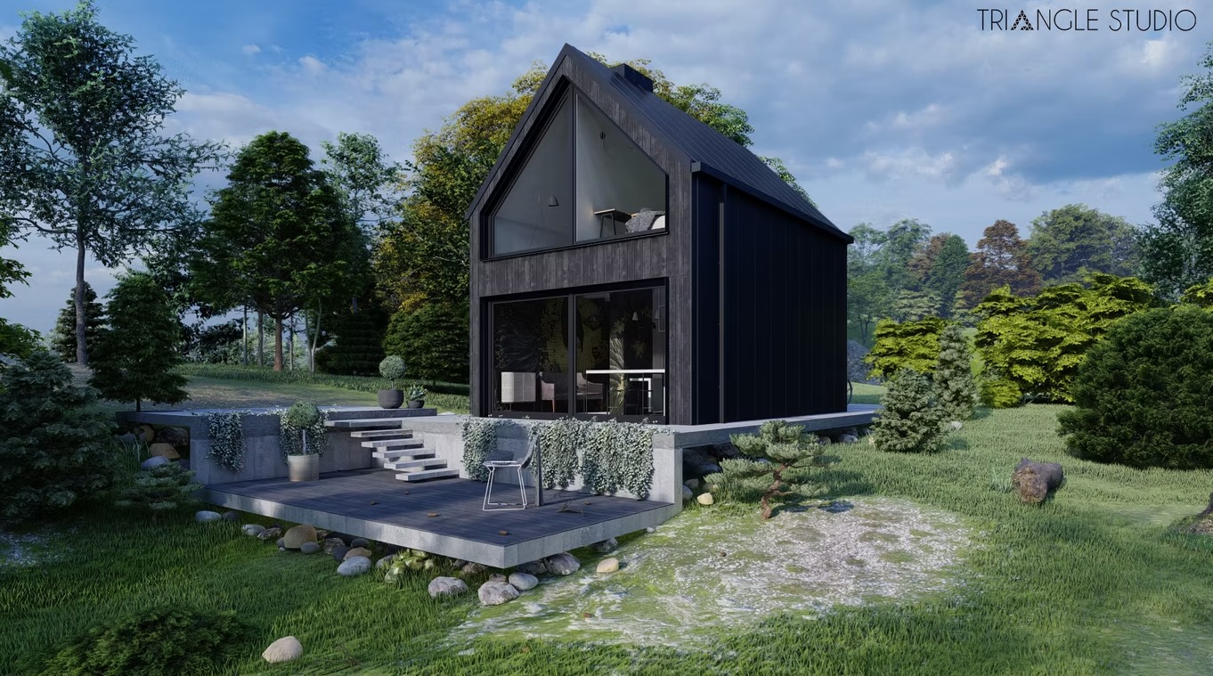 Wizualizacja nowoczesnego, dwukondygnacyjnego domu z czarną elewacją i dużym przeszkleniem, otoczonego zielenią i tarasem z roślinami. Minimalistyczny design i naturalne otoczenie.