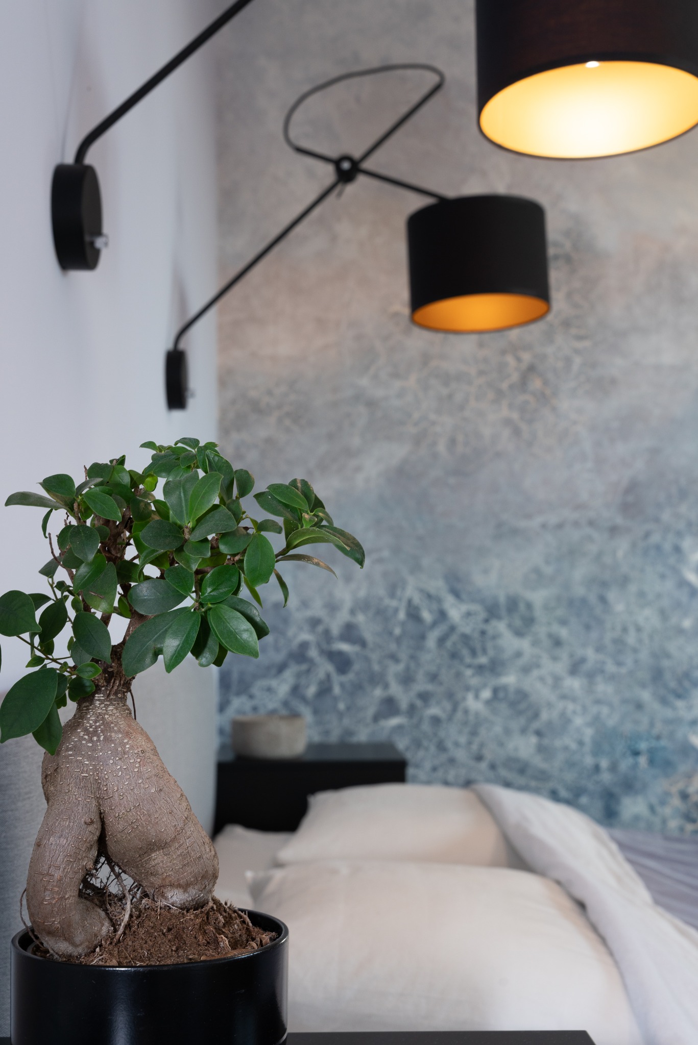 Bonsai w czarnej doniczce na tle łóżka z białą pościelą i lampy sufitowej z czarnym abażurem oświetlającej pokój. Dekoracyjna ściana w tle.