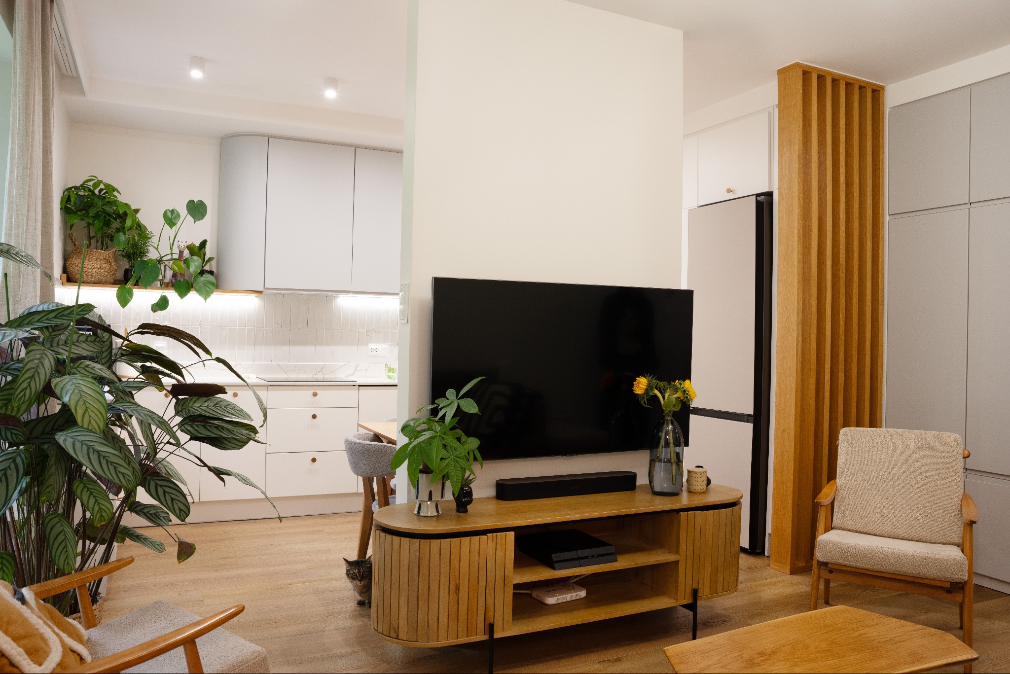 Jasne wnętrze mieszkania z otwartą kuchnią, drewnianą podłogą i meblami w stylu skandynawskim. Widoczne rośliny doniczkowe i kot.