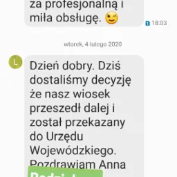 Zrzut ekranu konwersacji SMS z podziękowaniem za profesjonalną obsługę i informacją o pozytywnej decyzji w sprawie wniosku przekazanego do Urzędu Wojewódzkiego.