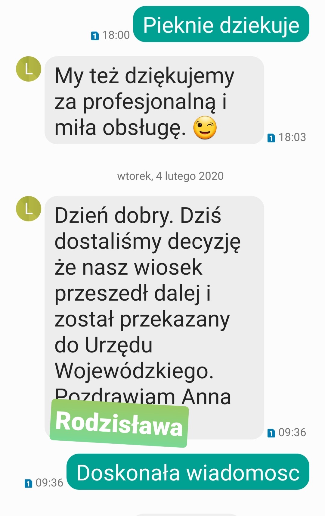 Zrzut ekranu konwersacji SMS z podziękowaniem za profesjonalną obsługę i informacją o pozytywnej decyzji w sprawie wniosku przekazanego do Urzędu Wojewódzkiego.