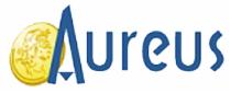 Logo firmy Aureus: złota moneta i niebieski napis Aureus.