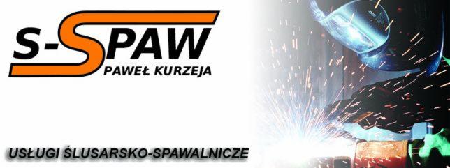 Logo firmy S-SPAW Paweł Kurzeja, świadczącej usługi ślusarsko-spawalnicze. W tle spawacz w masce ochronnej podczas pracy, widoczne iskry.