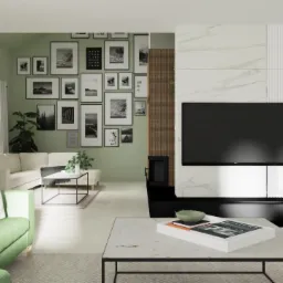 Salon z zielonymi akcentami: sofa, ściana z galerii zdjęć, telewizor na marmurowej ścianie, stoliki kawowe z marmurowymi blatami, rośliny doniczkowe.