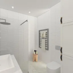 Wizualizacja łazienki z białymi, podłużnymi płytkami, okrągłym lustrem w miedzianej ramie, umywalką nablatową i drewnianym stołkiem z kosmetykami.