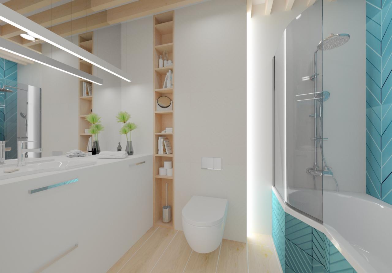 Nowoczesna łazienka w Wieluniu z drewnianymi akcentami: podłoga, półki w ścianie. Białe meble łazienkowe, toaleta i wanna z niebieskimi płytkami ułożonymi w jodełkę.