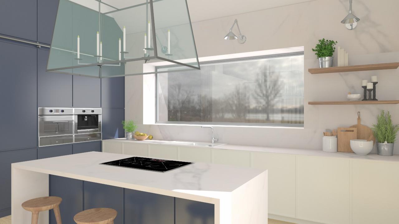 Wizualizacja nowoczesnej kuchni z wyspą, płyta indukcyjna, ciemnoniebieskie szafki, duże okno z widokiem na drzewa, designerska lampa nad wyspą, drewniane stołki barowe.