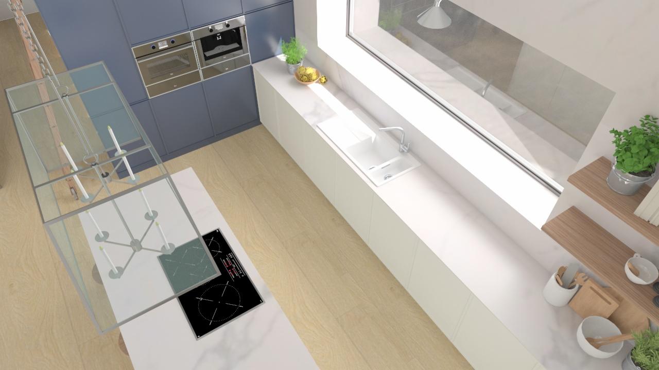 Wizualizacja nowoczesnej kuchni z góry: niebieskie szafki, biały blat z wbudowaną płytą indukcyjną i zlewozmywakiem pod oknem, drewniana podłoga, szklany żyrandol z świecami.