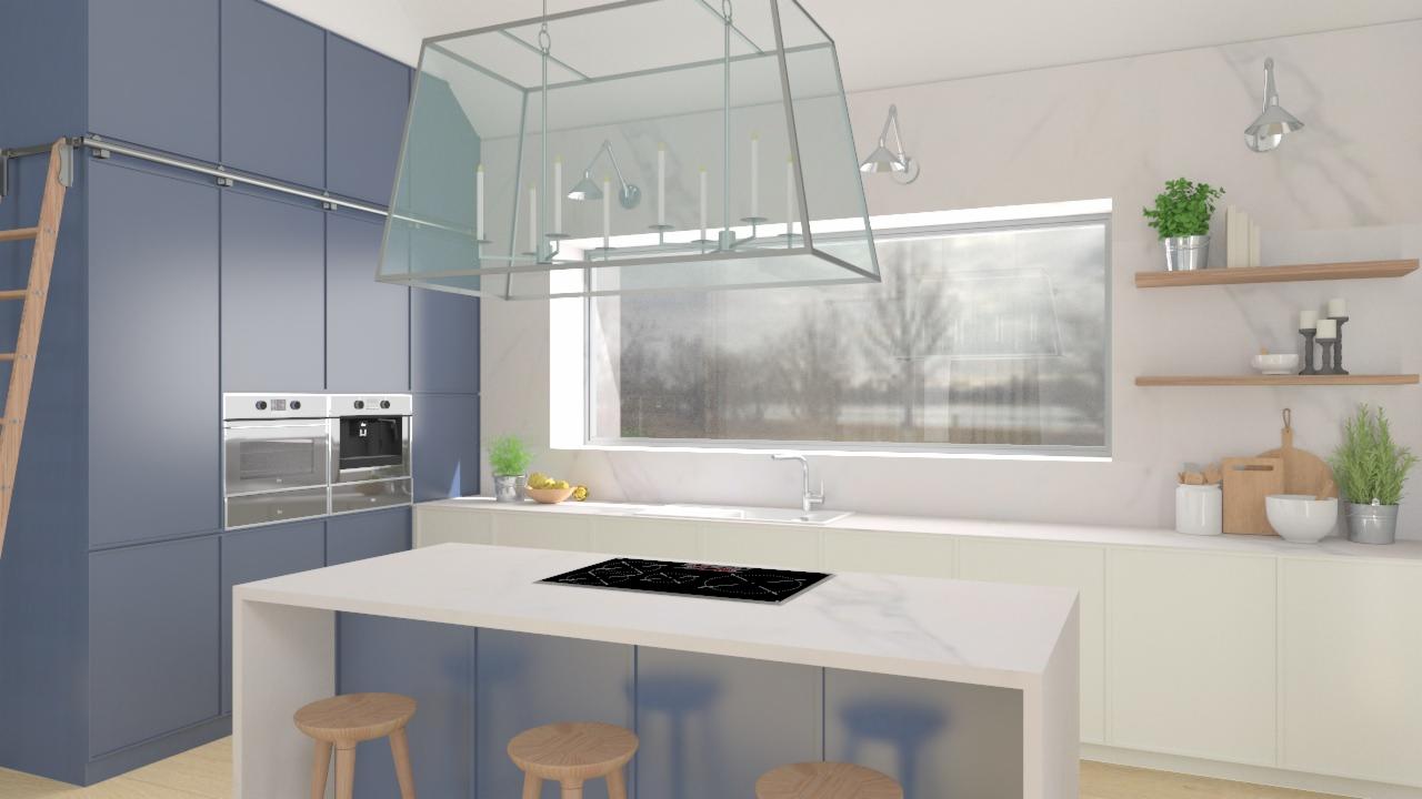 Wizualizacja kuchni: niebieskie szafki, biały blat z płytą indukcyjną, transparentny żyrandol nad wyspą, drewniane hokery, drabina oparta o szafki.