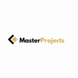 Logo firmy MasterProjects z czarnym symbolem strzałki w lewo i złotym rombem w środku, obok czarny napis Master i złoty napis Projects.