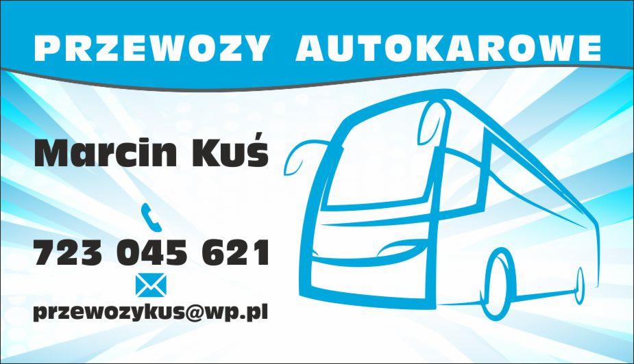 Wizytówka firmy przewozowej z niebieskim szkicem autokaru, numerem telefonu i adresem e-mail.