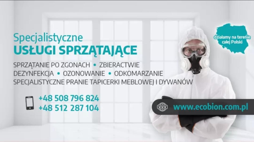 Grafika reklamowa firmy Ecobion.com.pl oferującej specjalistyczne usługi sprzątające, w tym sprzątanie po zgonach, dezynfekcję, ozonowanie, odkomarzanie oraz pranie tapicerki meblowej i dywanów.