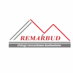 Logo firmy Remarbud z czerwonym i szarym motywem dachu oraz napisem Usługi remontowo budowlane
