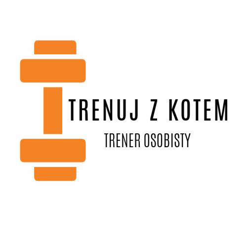 Pomarańczowy symbol hantli obok czarnego napisu 'Trenuj z kotem', pod spodem 'Trener Osobisty'.